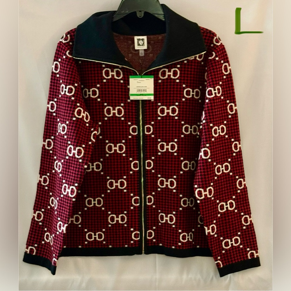 Anne Klein Burgundy and Black Geometric Bomber Jacket